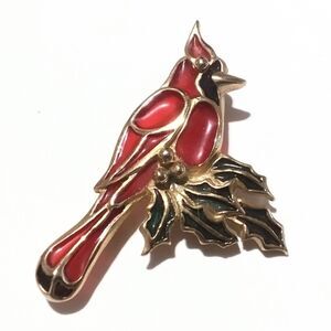 Vintage Stained Glass Style Poured Enamel Cardinal Brooch